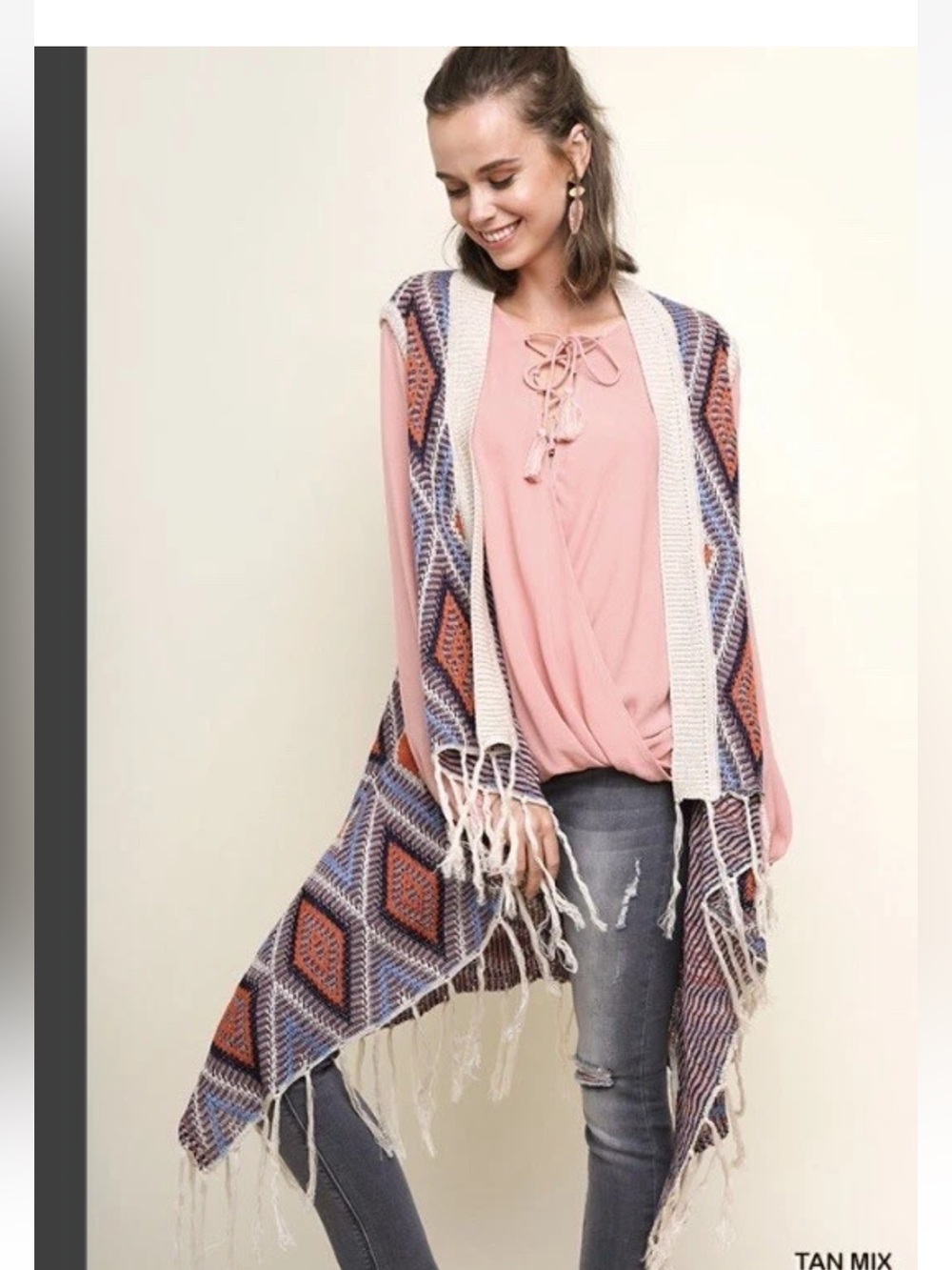 Umgee Pink Mix Aztec Fringe Open-Front Knit Cape Size Medium